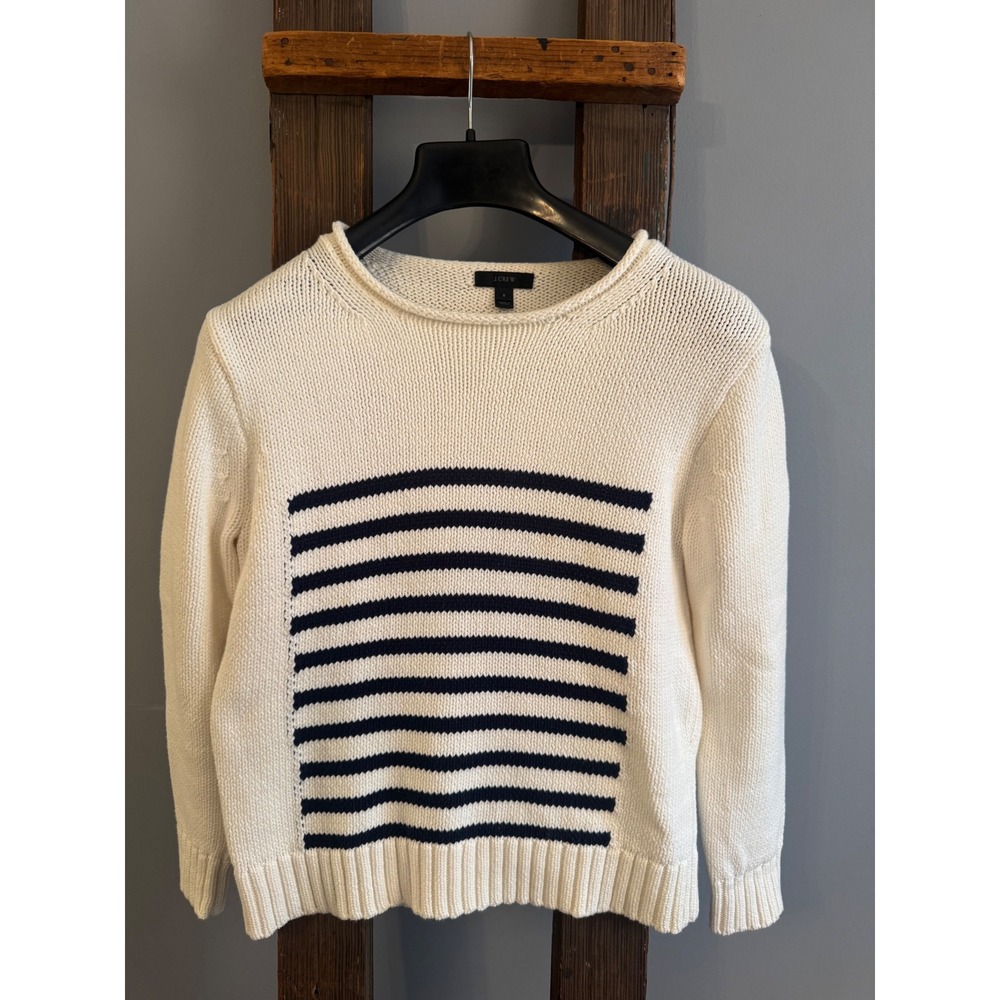 J.CREW Womens Size S Cream‎ Navy Stripe Rollneck Crewneck Sweater Pullover